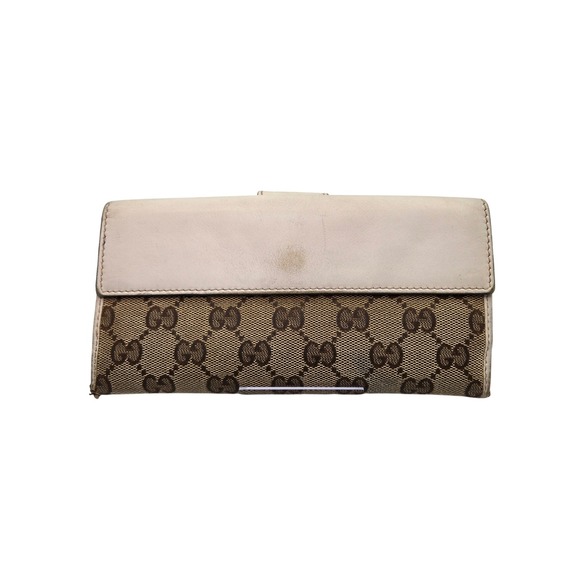 Gucci GG Canvas Heart Clasp Bifold Wallet Beige Brown‎ Designer Women's - Picture 2 of 12